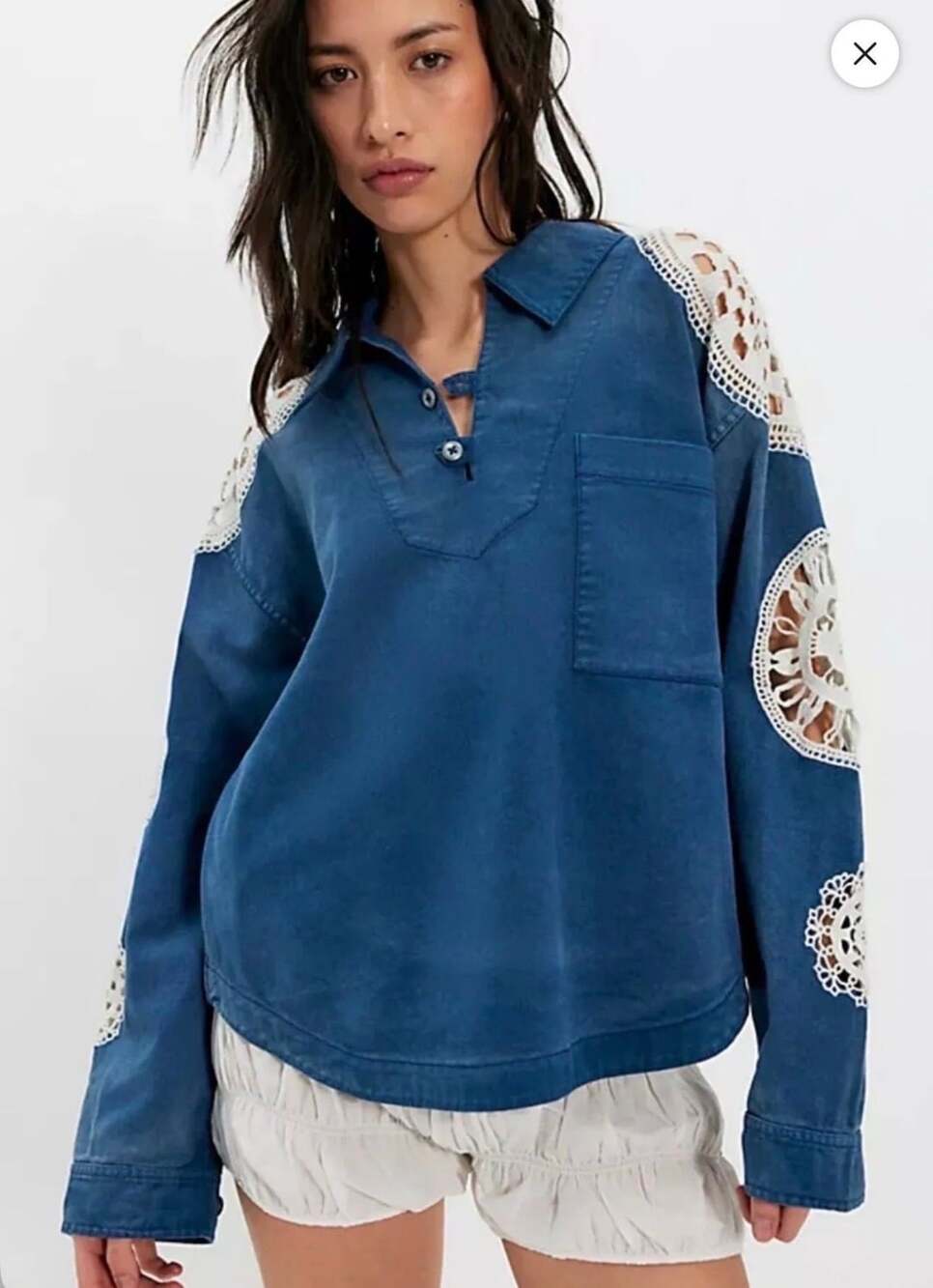 Free People Washed And Crafted Crochet Polo Shirt Blue